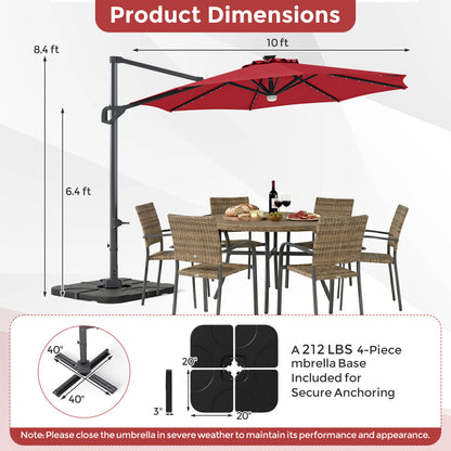 10 FT Cantilever Patio Umbrella with 35 Solar LED Lights and 220 LBS Base, Red Outdoor Umbrellas at Gallery Canada
