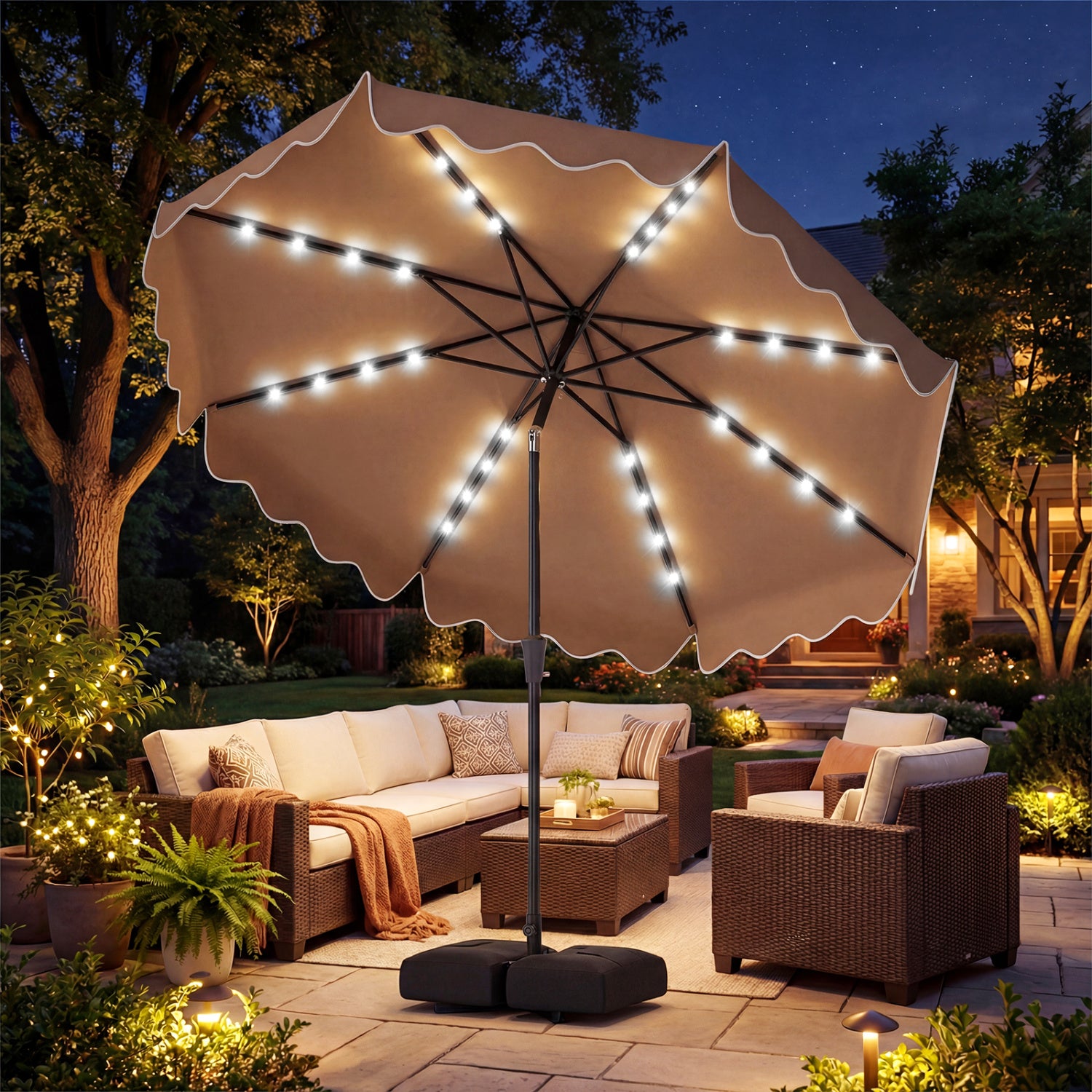 10 FT Outdoor Patio Umbrella, Solar LED Lights, Weighted Base, Brown Outdoor Umbrellas at Gallery Canada