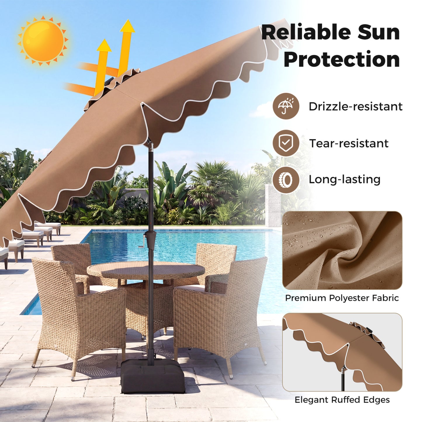 10 FT Outdoor Patio Umbrella, Solar LED Lights, Weighted Base, Brown Outdoor Umbrellas at Gallery Canada