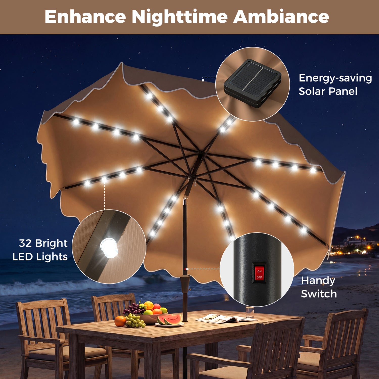 10 FT Outdoor Patio Umbrella, Solar LED Lights, Weighted Base, Brown Outdoor Umbrellas at Gallery Canada
