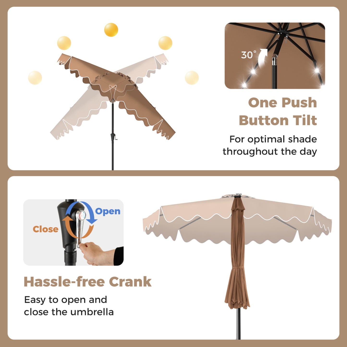 10 FT Outdoor Patio Umbrella, Solar LED Lights, Weighted Base, Brown Outdoor Umbrellas at Gallery Canada
