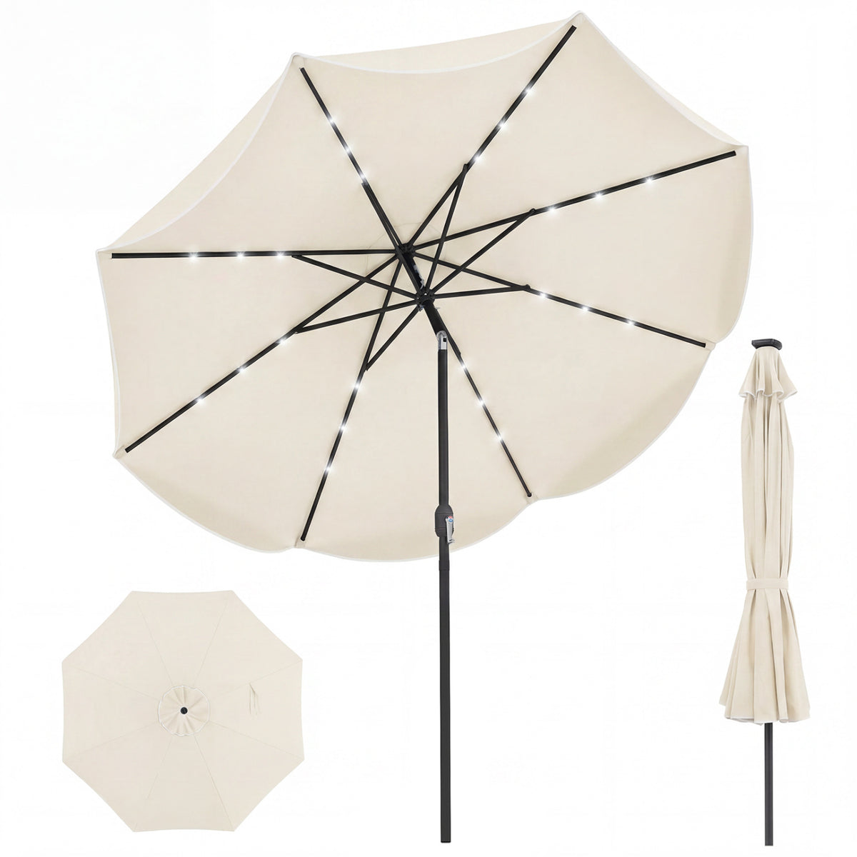 10 FT Scalloped Solar Patio Umbrella With 24 LED Lights, Beige Outdoor Umbrellas at Gallery Canada