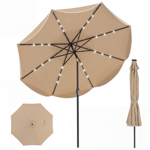 10 FT Scalloped Solar Umbrella, 24 LED Lights, Tilt, Tan