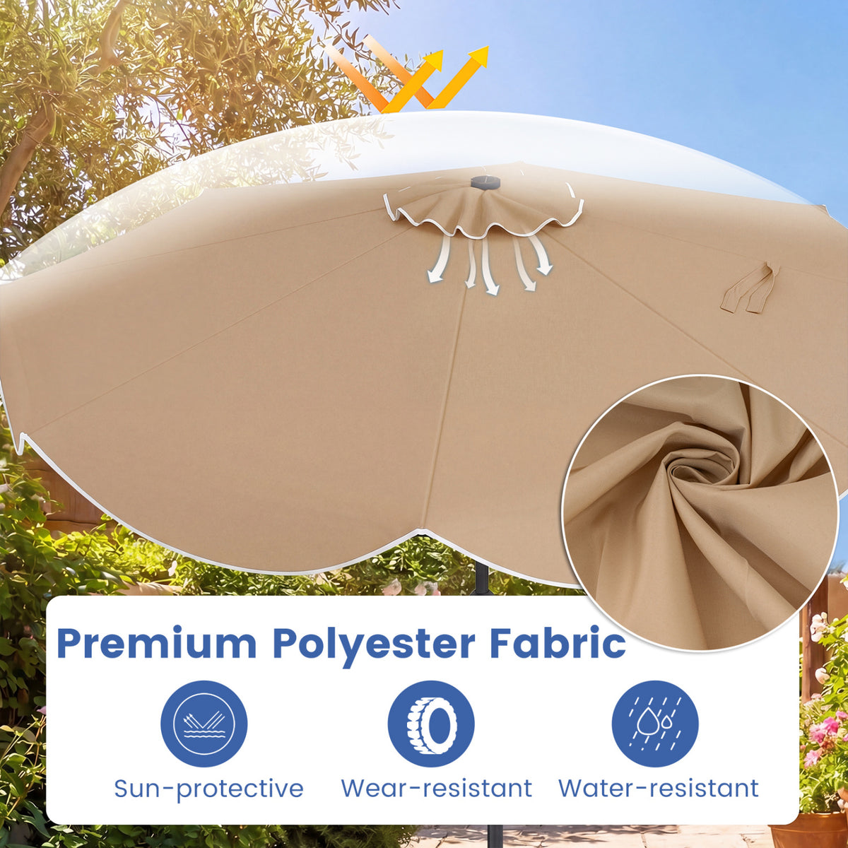 10 FT Scalloped Solar Umbrella, 24 LED Lights, Tilt, Tan Outdoor Umbrellas at Gallery Canada