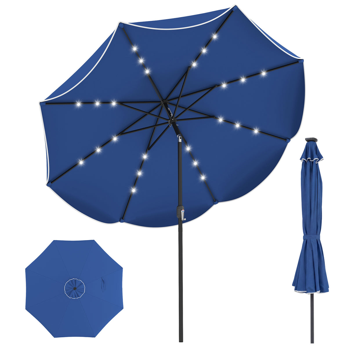 10 FT Scalloped Solar Patio Umbrella With 24 LED Lights, Navy Outdoor Umbrellas Navy at Gallery Canada
