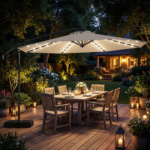 10 FT Solar LED Cantilever Patio Umbrella, Beige