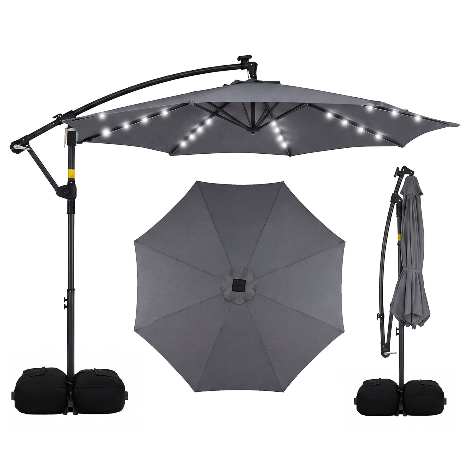 10 FT Solar LED Offset Cantilever Patio Umbrella, Gray Outdoor Umbrellas Gray at Gallery Canada