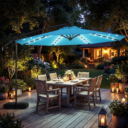 10 FT Solar LED Cantilever Patio Umbrella, Turquoise