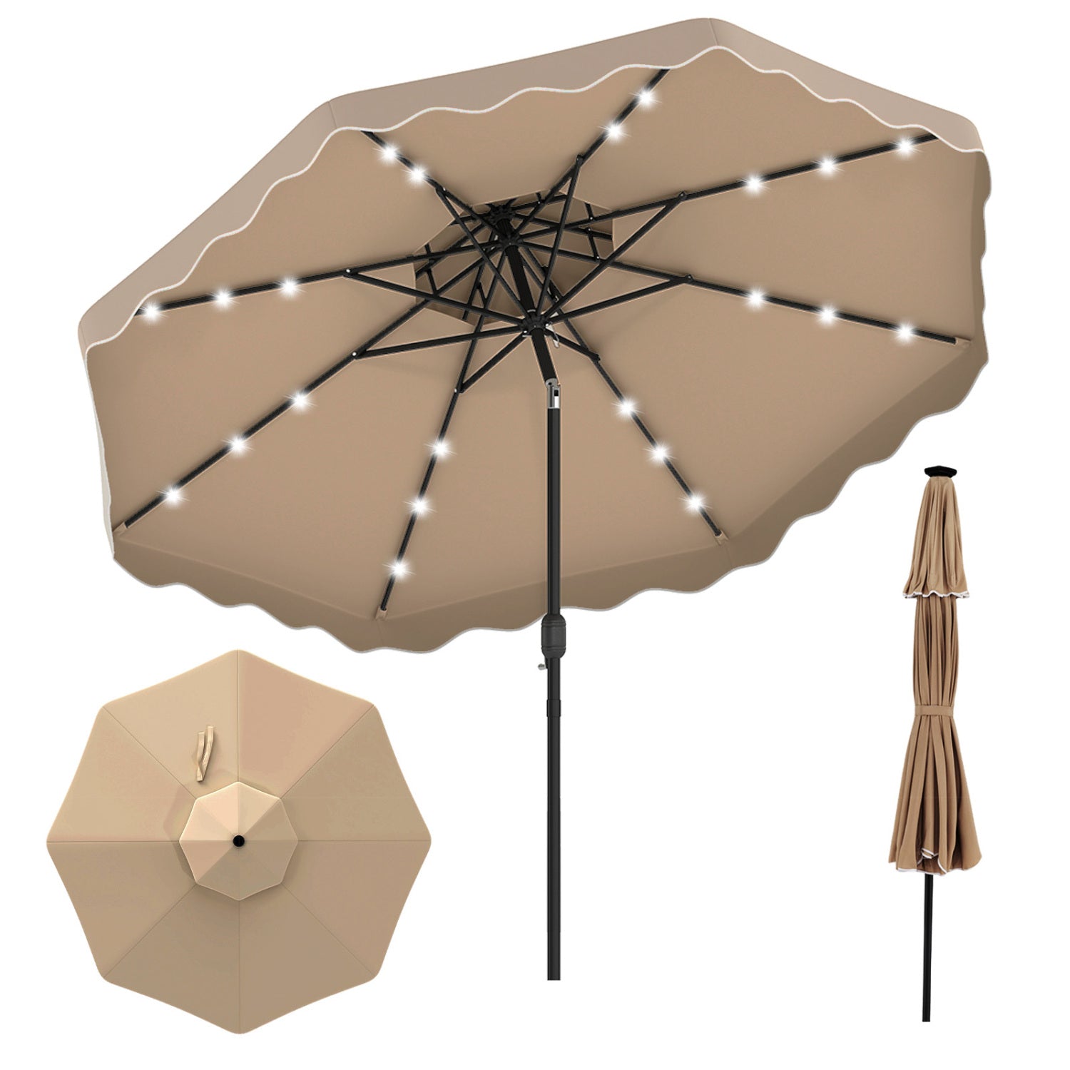 10 FT Solar LED Patio Umbrella, Brown Outdoor Umbrellas at Gallery Canada