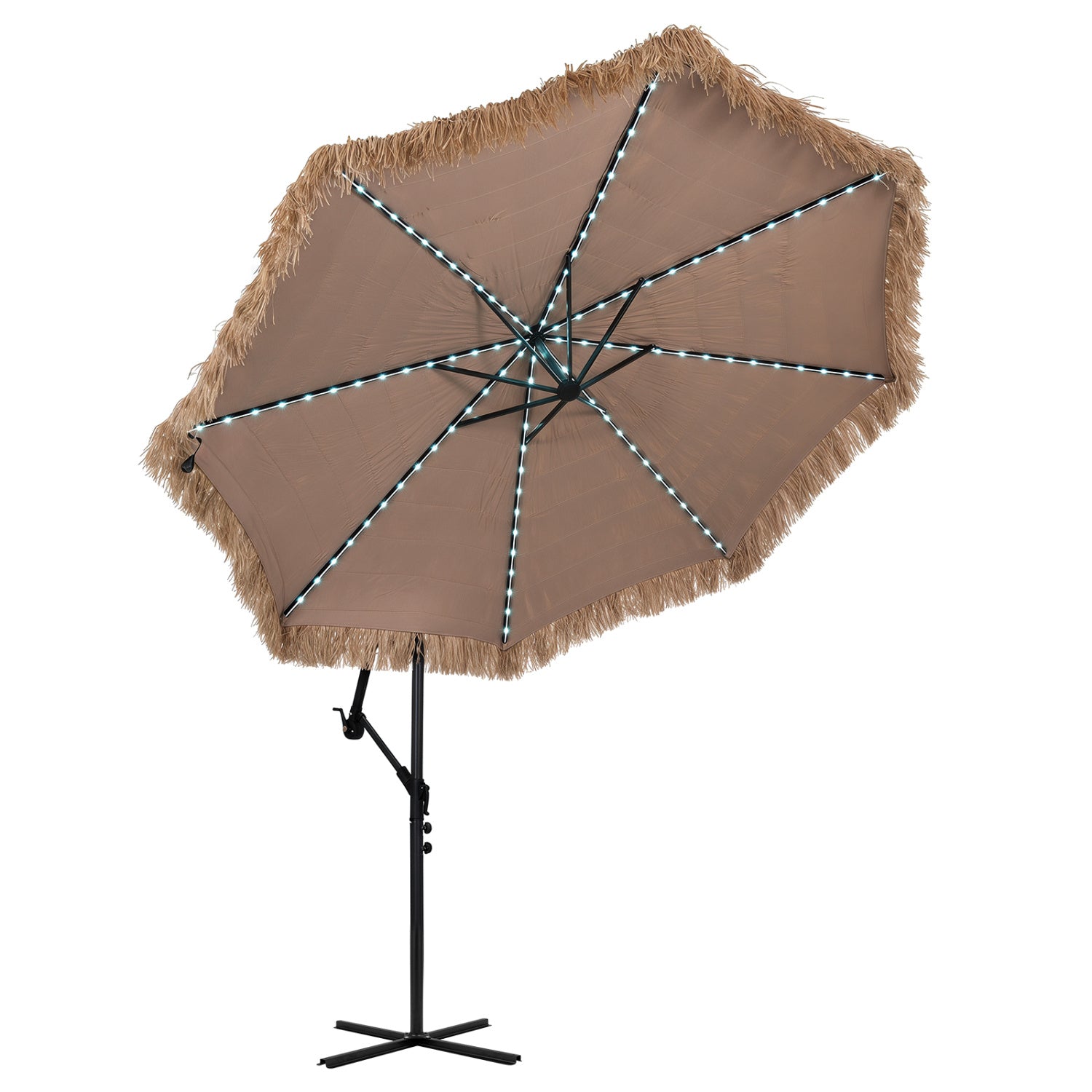 10 FT Solar Thatched Cantilever Umbrella, Multi-Color Lights, Brown Outdoor Umbrellas Brown at Gallery Canada