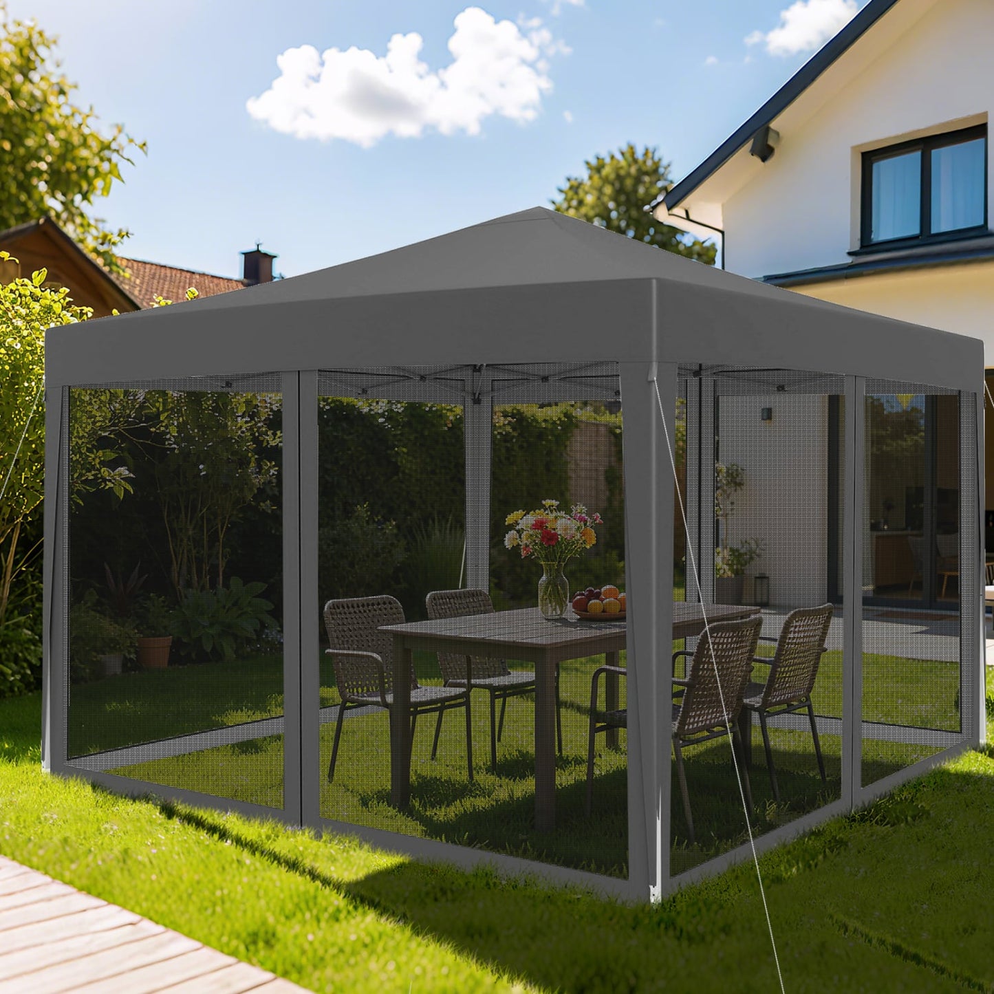 10 Ft x 10 Ft Pop-Up Canopy Tent with Mesh, Gray