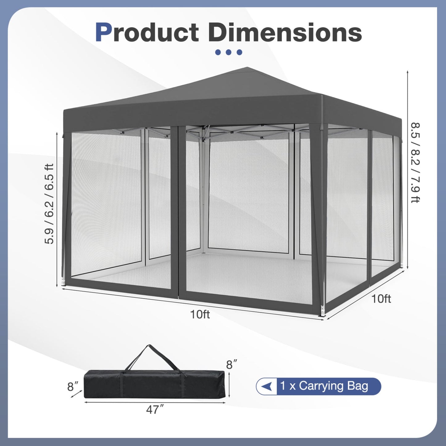 10 Ft x 10 Ft Pop-Up Canopy Tent with Mesh, Gray