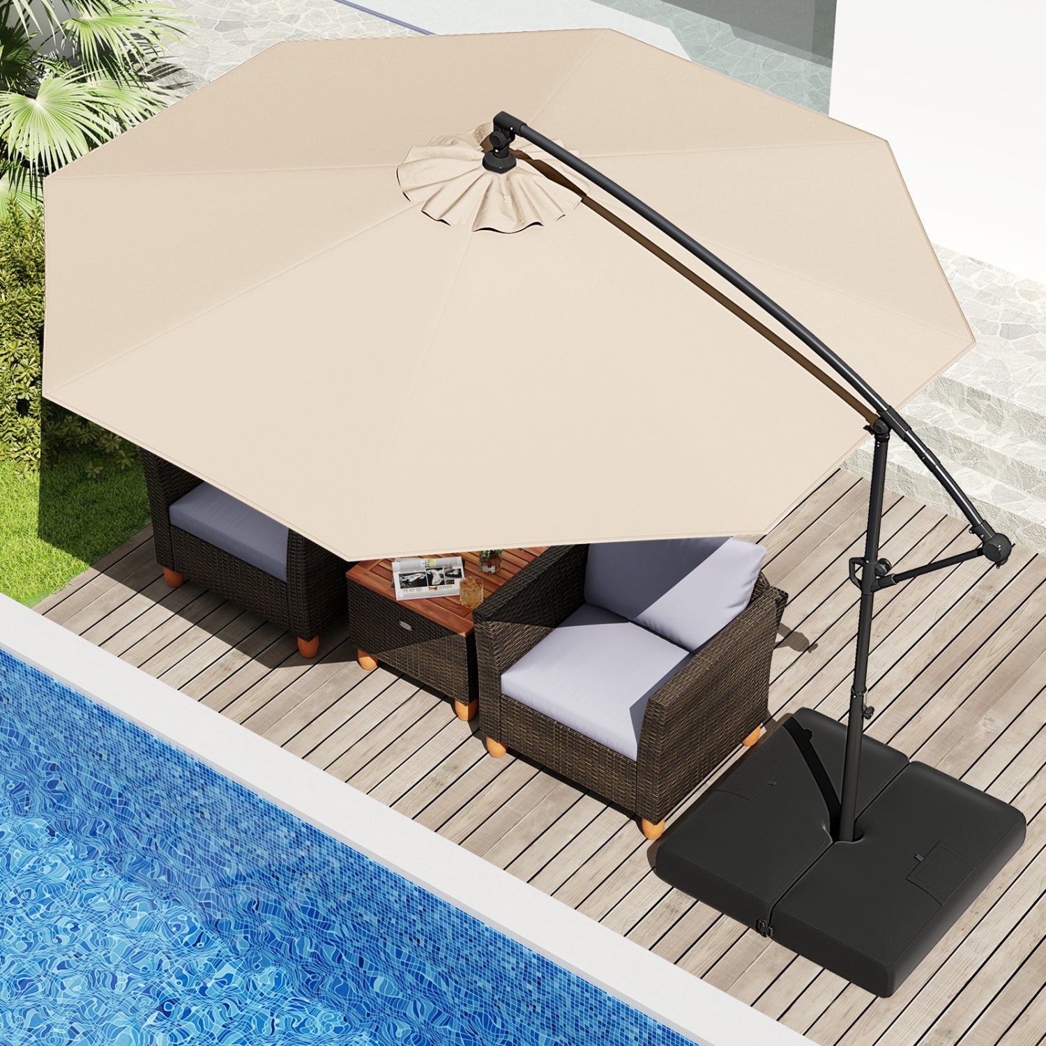 10 Feet Offset Hanging Umbrella, Tilt, Beige Outdoor Umbrellas at Gallery Canada