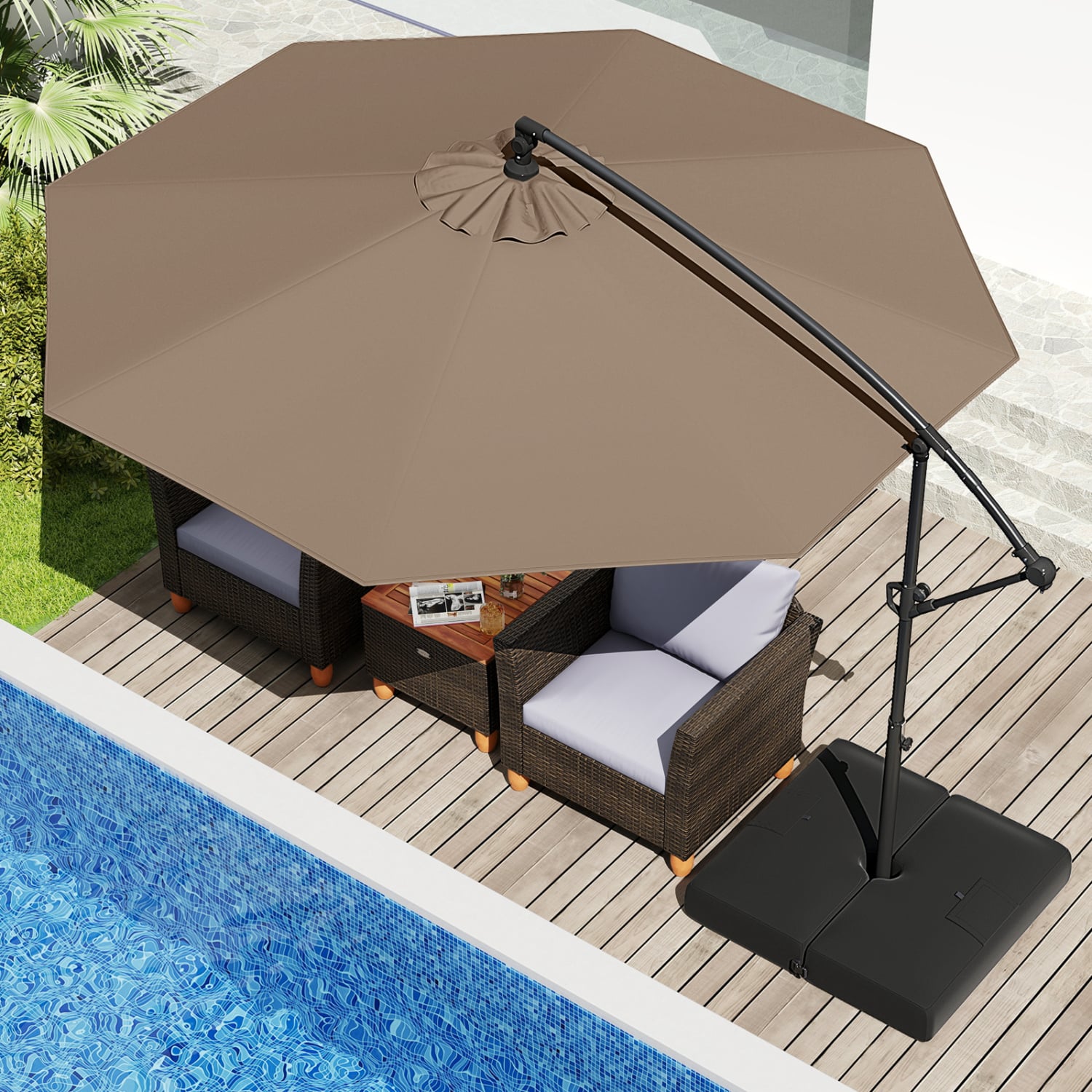 10 Feet Offset Hanging Patio Umbrella With Tilt, Taupe Outdoor Umbrellas at Gallery Canada