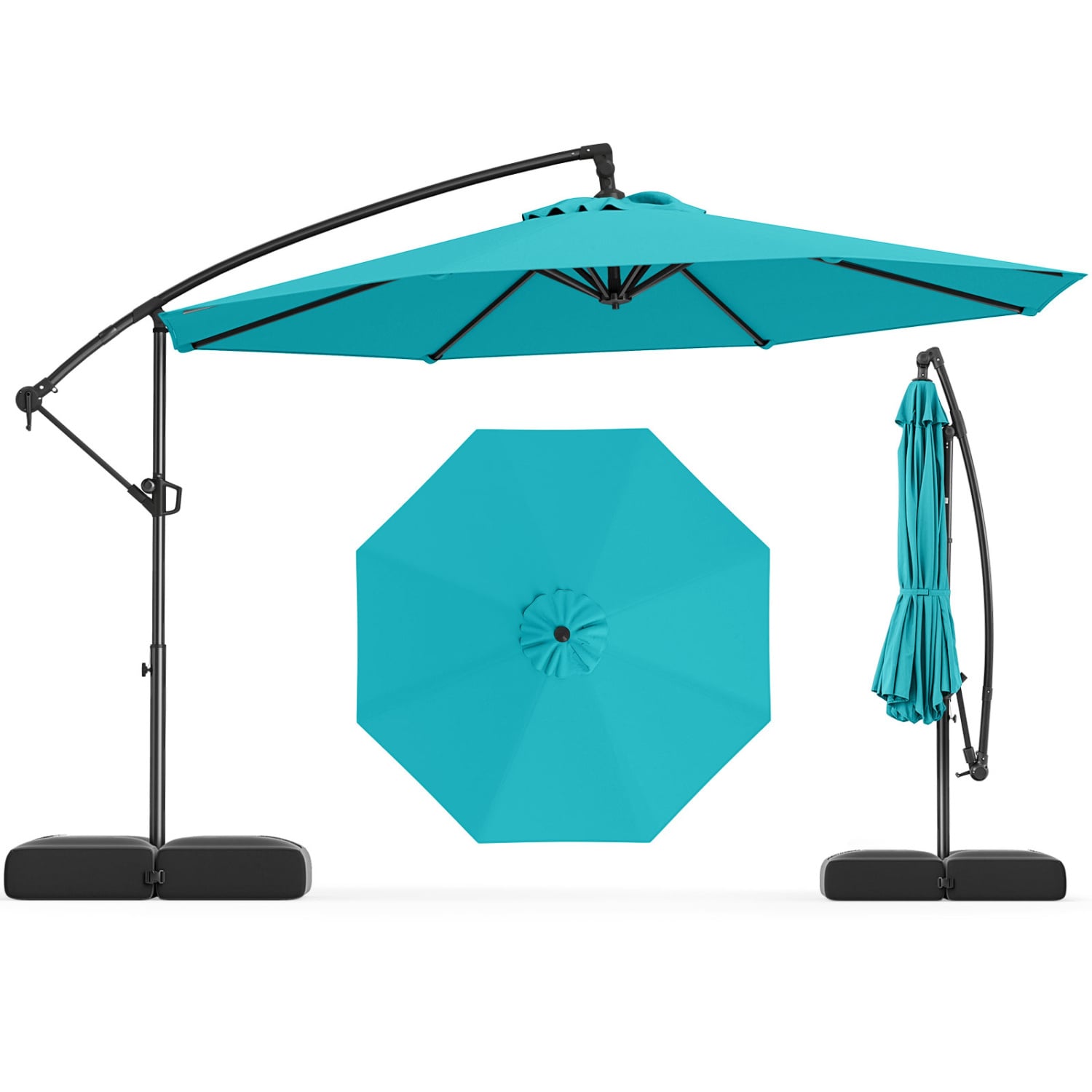 10 Feet Offset Hanging Umbrella With Tilt And Base, Turquoise Outdoor Umbrellas at Gallery Canada
