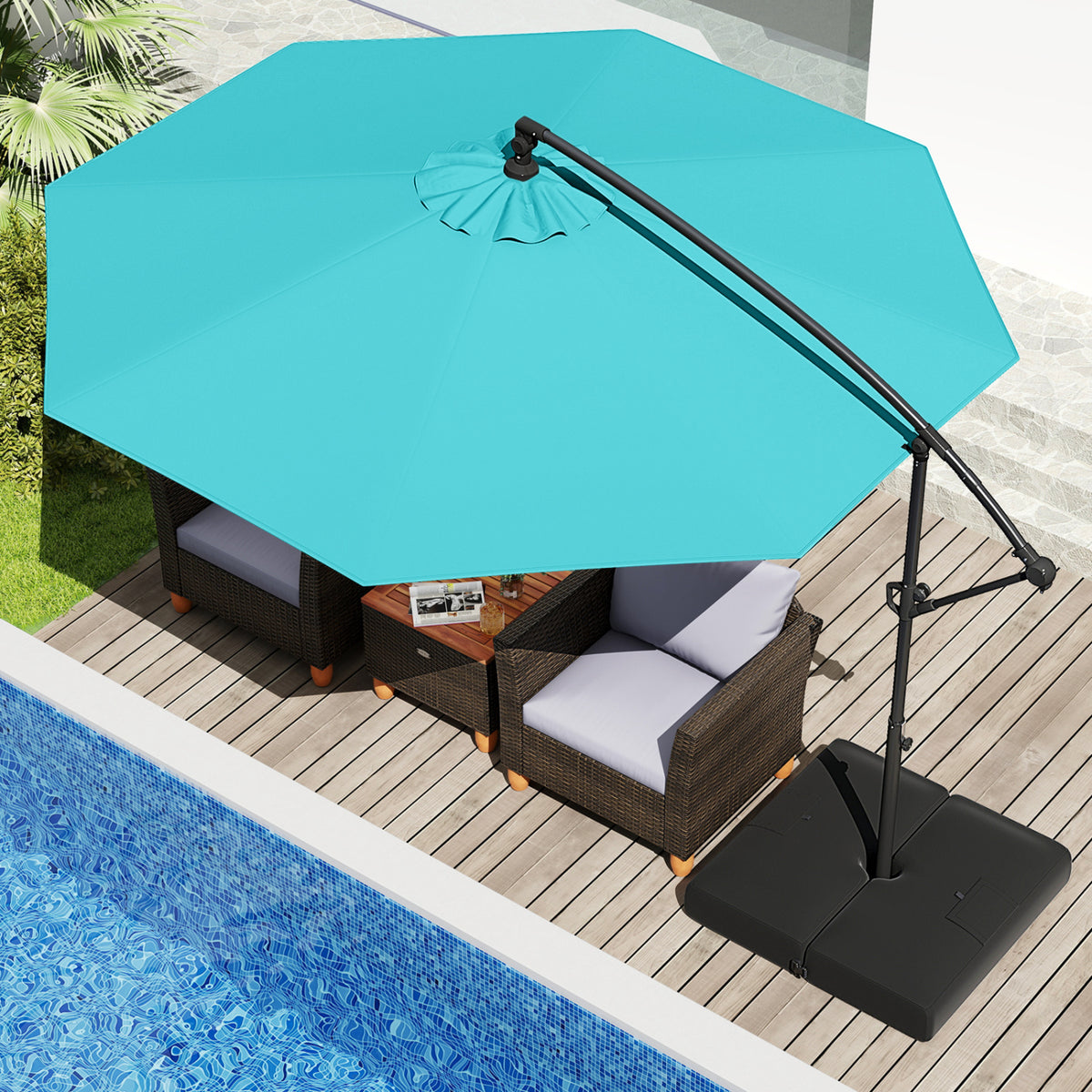10 Feet Offset Hanging Umbrella With Tilt And Base, Turquoise Outdoor Umbrellas at Gallery Canada