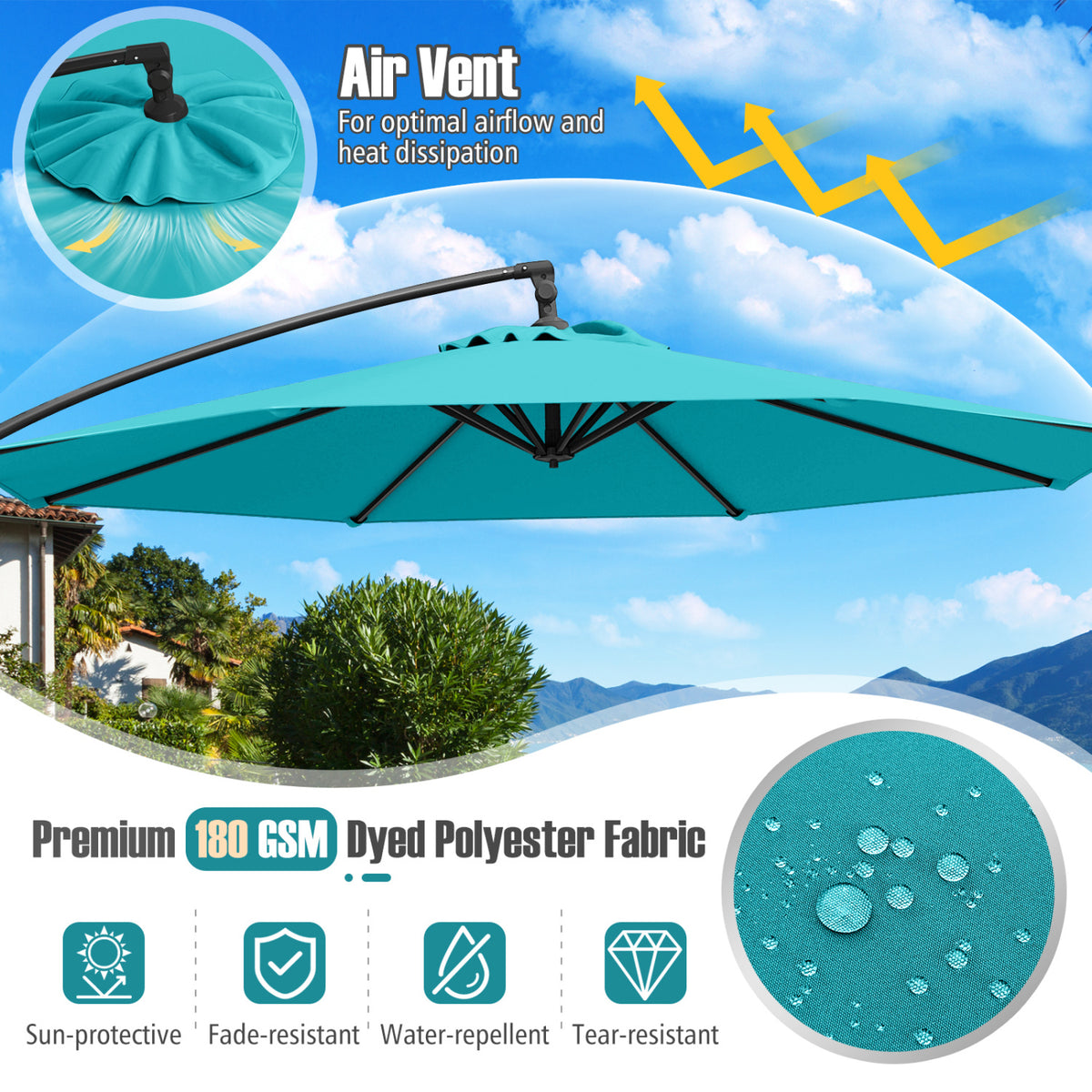 10 Feet Offset Hanging Umbrella With Tilt And Base, Turquoise Outdoor Umbrellas at Gallery Canada