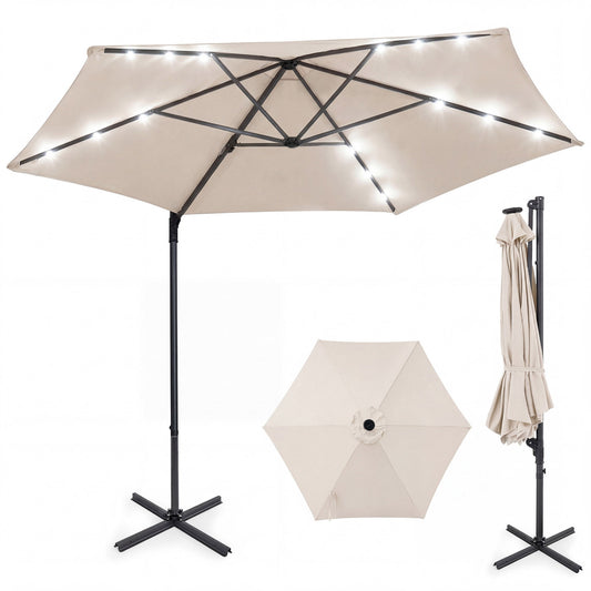 10 Feet Patio Cantilever Umbrella, Solar LED Lights, Beige Outdoor Umbrellas Beige at Gallery Canada