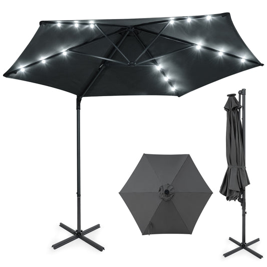 10 Feet Patio Cantilever Umbrella, Solar LED Lights, Gray Outdoor Umbrellas Gray at Gallery Canada