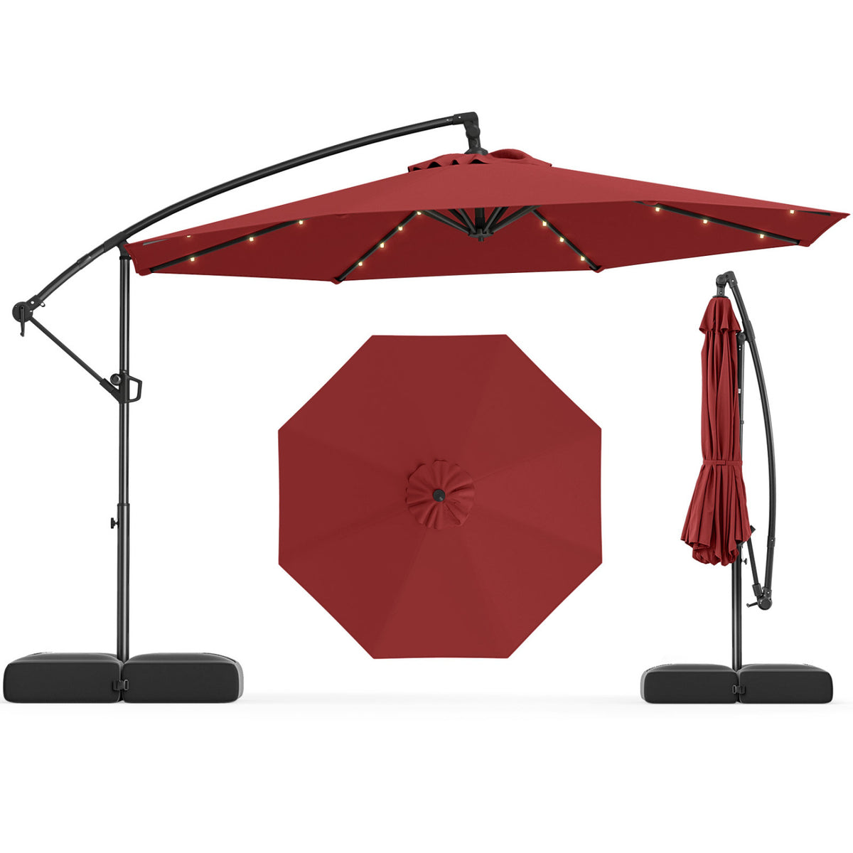 10 Feet Solar Offset Hanging Umbrella, 32 LED Lights, Wine Outdoor Umbrellas at Gallery Canada