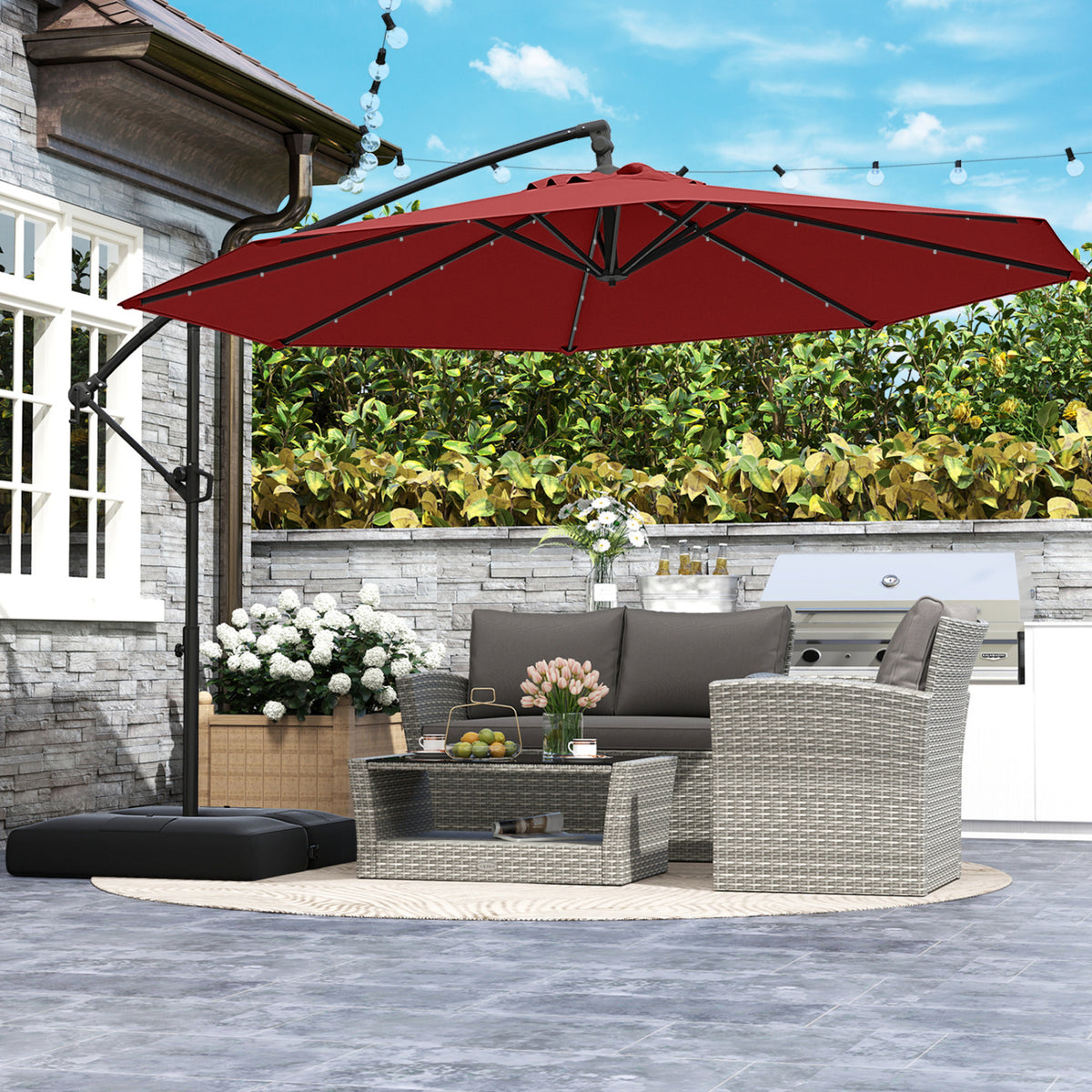 10 Feet Solar Offset Hanging Umbrella, 32 LED Lights, Wine Outdoor Umbrellas at Gallery Canada