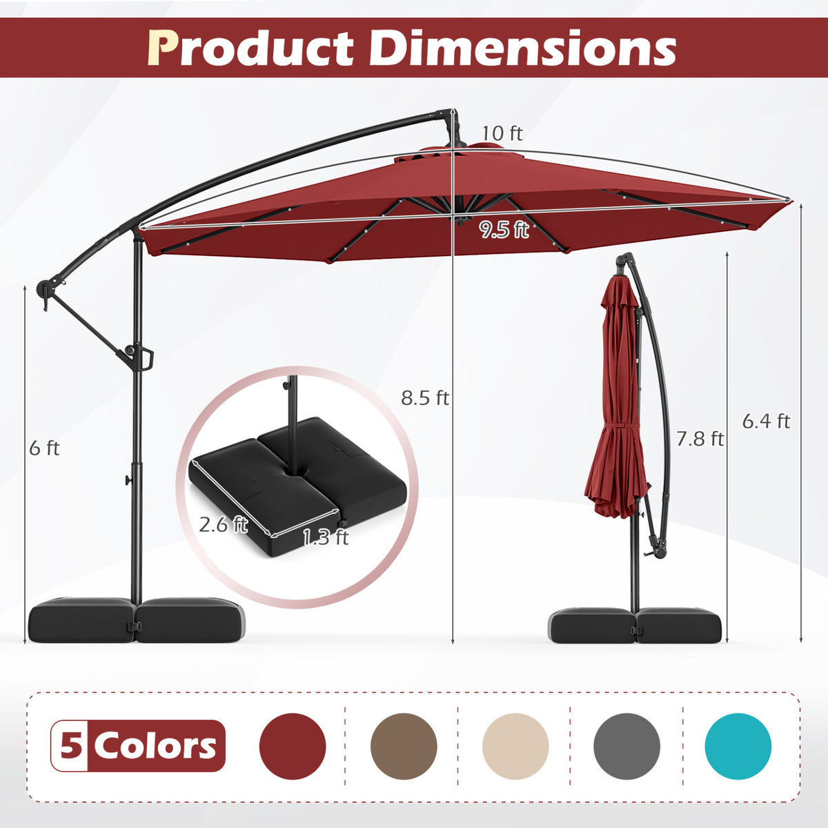 10 Feet Solar Offset Hanging Umbrella, 32 LED Lights, Wine Outdoor Umbrellas at Gallery Canada