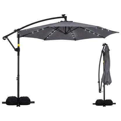 10 Feet Solar Offset Hanging Umbrella, With Base And 32 LED Lights, Gray Outdoor Umbrellas at Gallery Canada