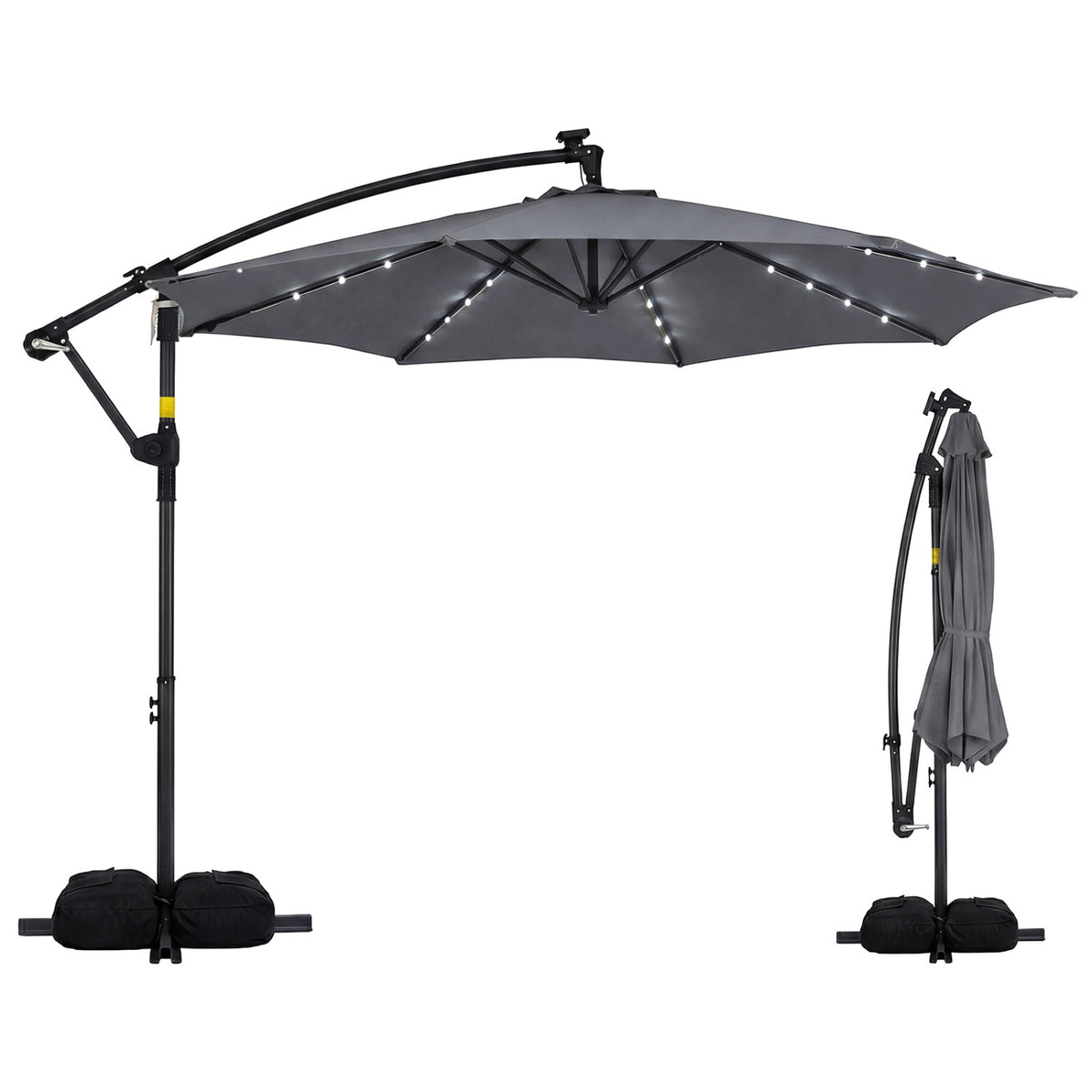 10 Feet Solar Offset Hanging Umbrella, With Base And 32 LED Lights, Gray Outdoor Umbrellas Gray at Gallery Canada