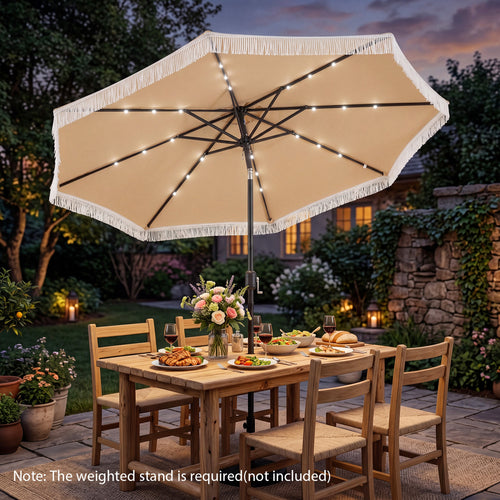 10 Ft Solar Patio Umbrella with 24 LED Lights, Beige