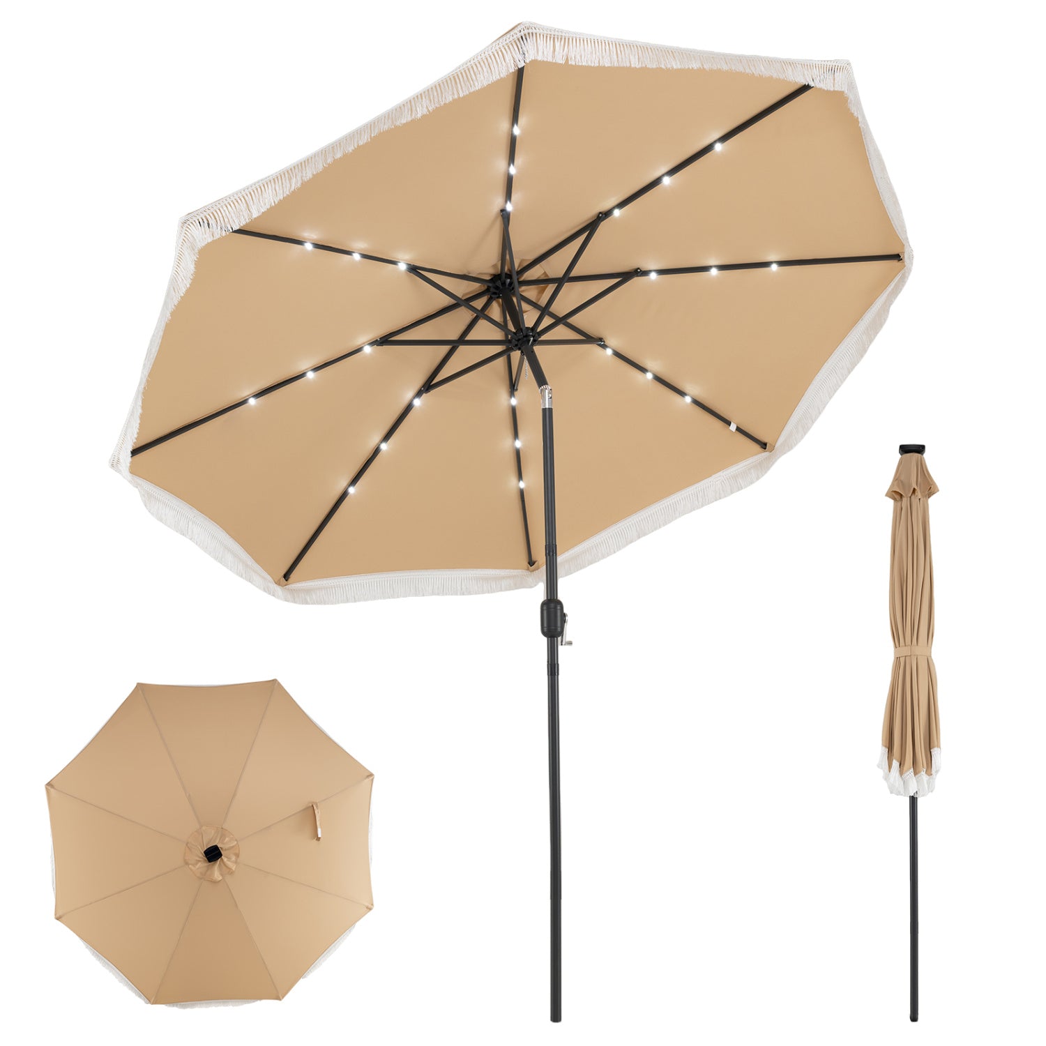 10 Ft Solar Patio Umbrella with 24 LED Lights, Beige Outdoor Umbrellas at Gallery Canada