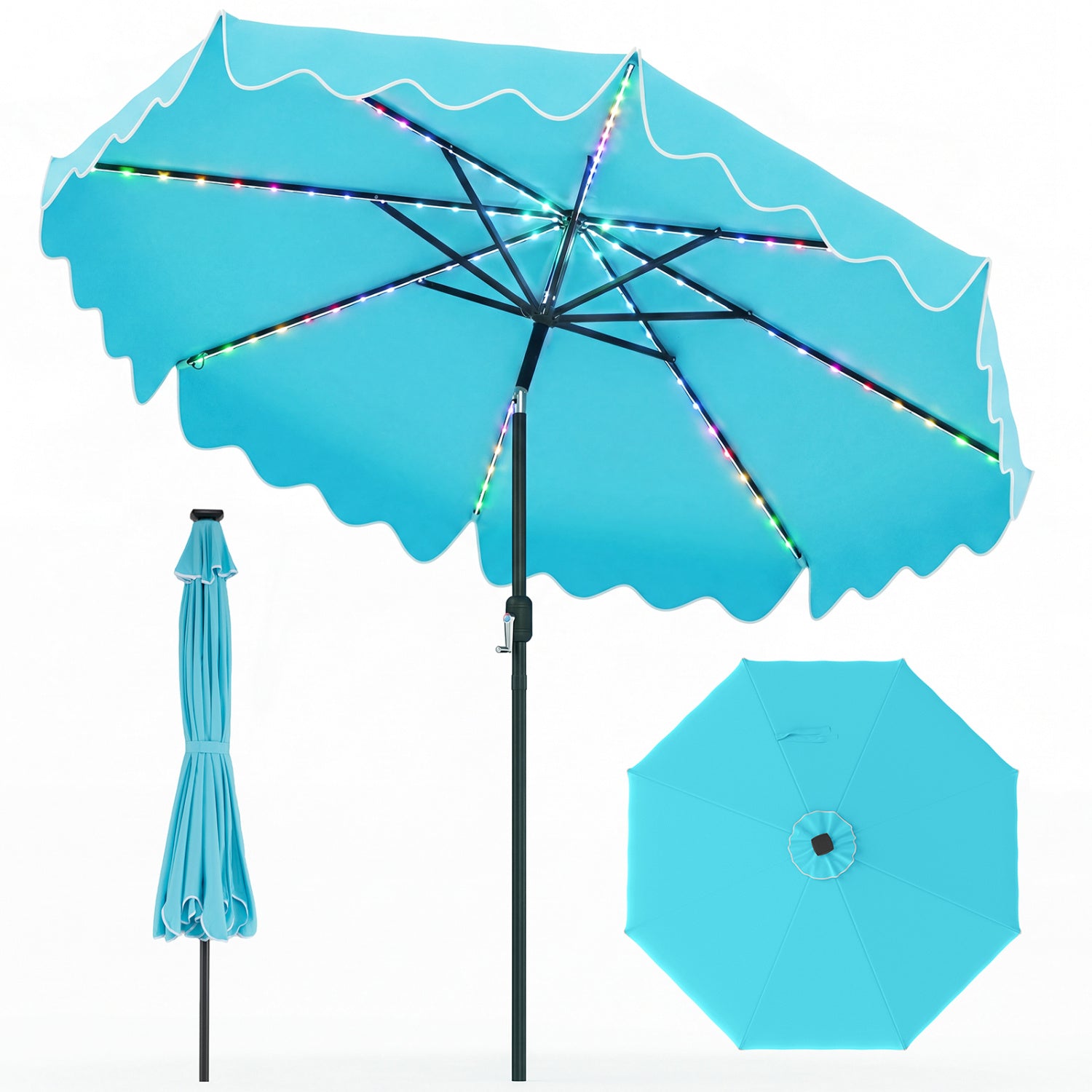 10 Feet Solar Patio Umbrella with Color-Changing LED Lights, Turquoise Outdoor Umbrellas at Gallery Canada