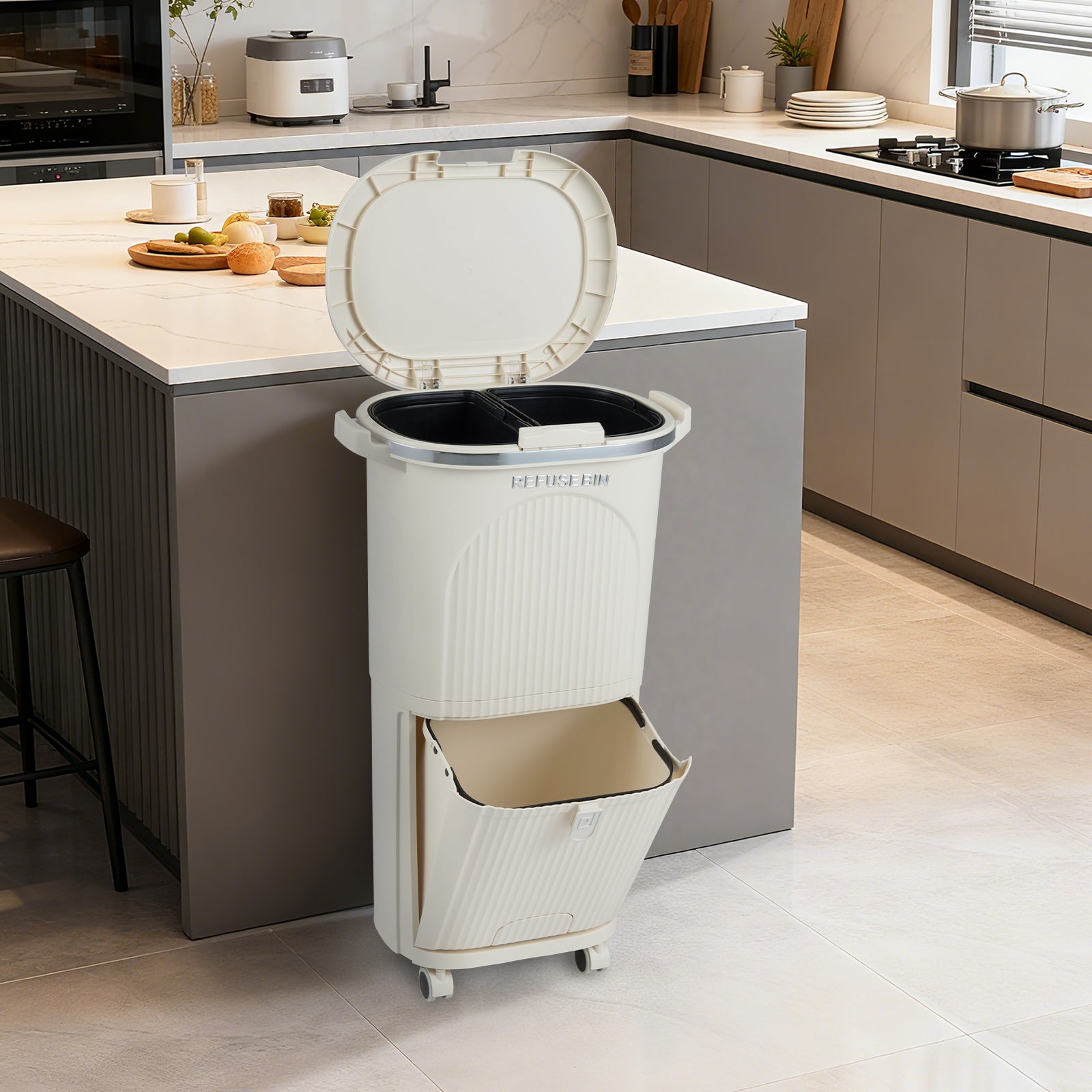 10 Gallon Kitchen Trash Can, Double Layer, Lid, 2 Removable Buckets, Beige Kitchen Trash Cans at Gallery Canada