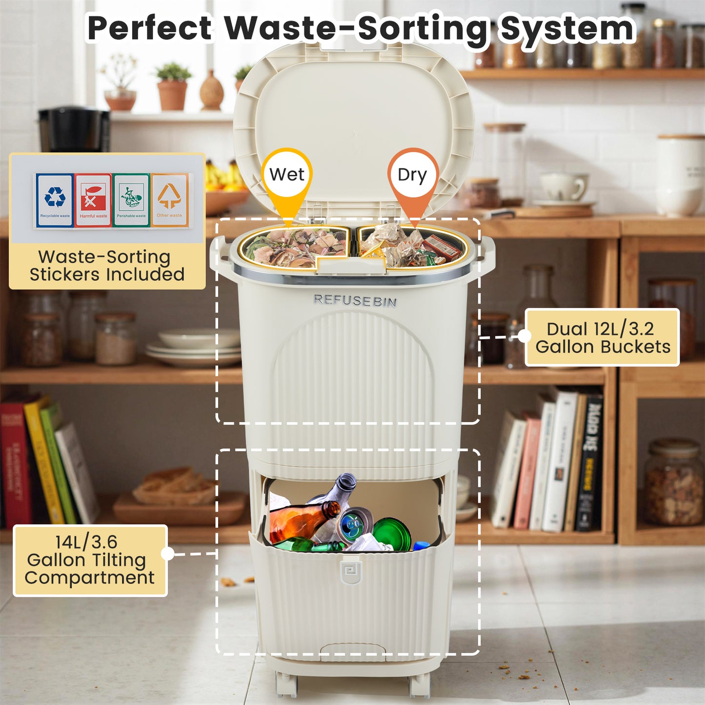 10 Gallon Kitchen Trash Can, Double Layer, Lid, 2 Removable Buckets, Beige Kitchen Trash Cans at Gallery Canada