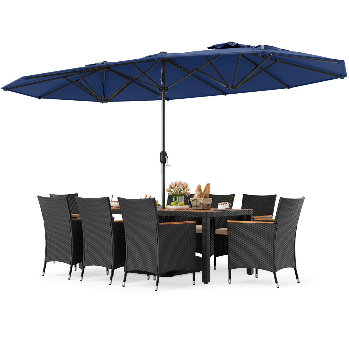 10 Piece Outdoor Dining Set With 15 Ft Twin Umbrella, Navy Patio Dining Sets at Gallery Canada