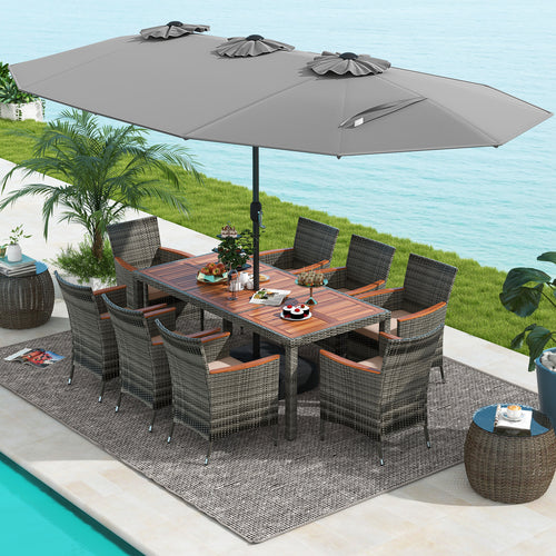 10 Piece Patio Wicker Dining Set, 15 Feet Double-Sided Umbrella, Gray
