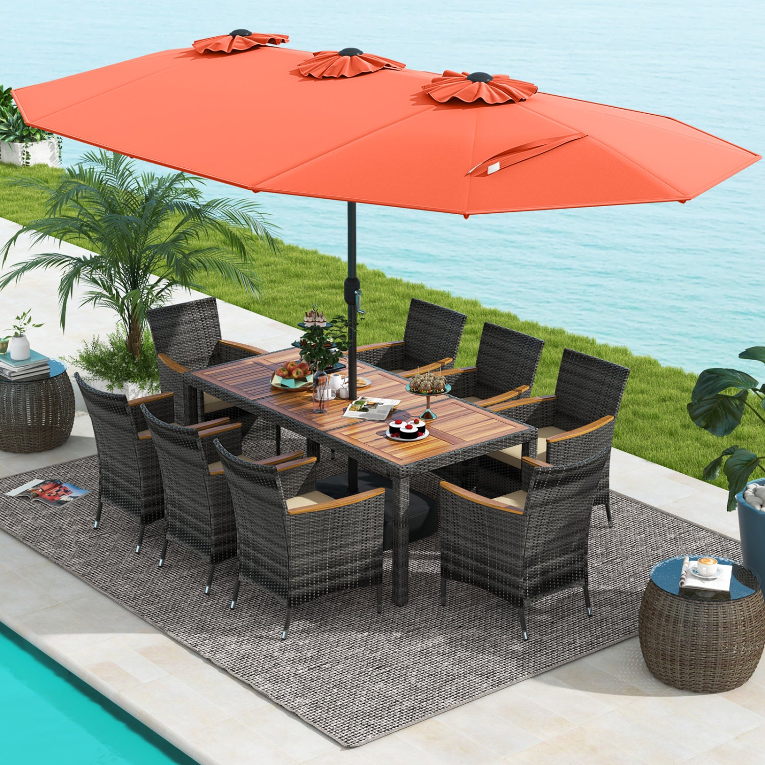 10-Piece Patio Dining Set, 15-Foot Double-Sided Umbrella, Orange Patio Dining Sets at Gallery Canada