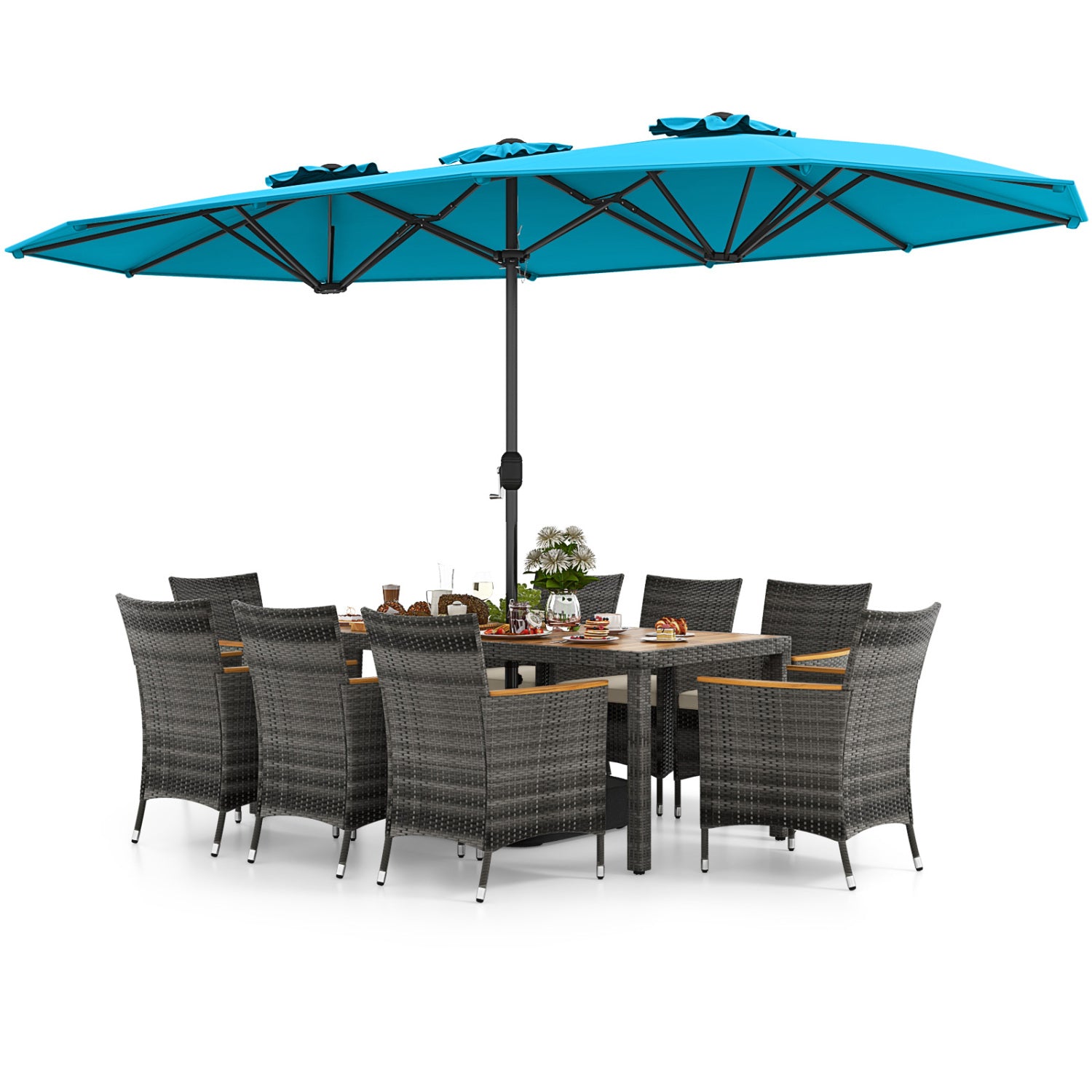 10 Piece Patio Wicker Dining Set, 15 Feet Double-Sided Umbrella, Turquoise Patio Dining Sets Turquoise at Gallery Canada