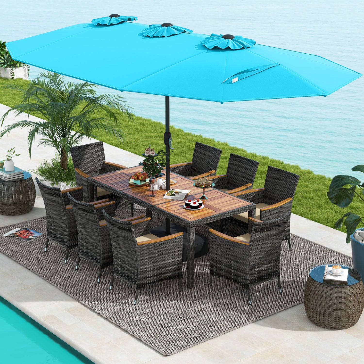 10 Piece Patio Wicker Dining Set, 15 Feet Double-Sided Umbrella, Turquoise Patio Dining Sets at Gallery Canada