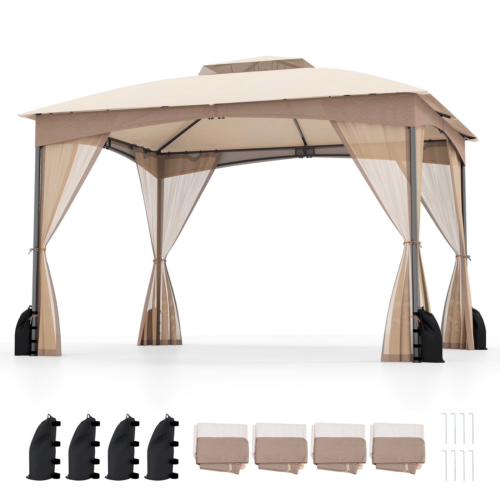 10 X 12 FT Gazebo With Netting Walls, 4 Sandbags, Khaki Gazebos at Gallery Canada