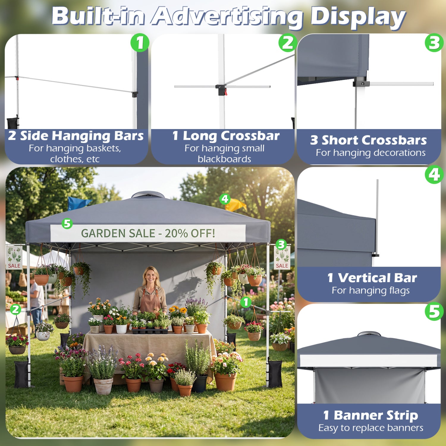 10 x 10 Feet Foldable Commercial Pop-up Canopy with Roller Bag and Banner Strip, Gray Canopies at Gallery Canada