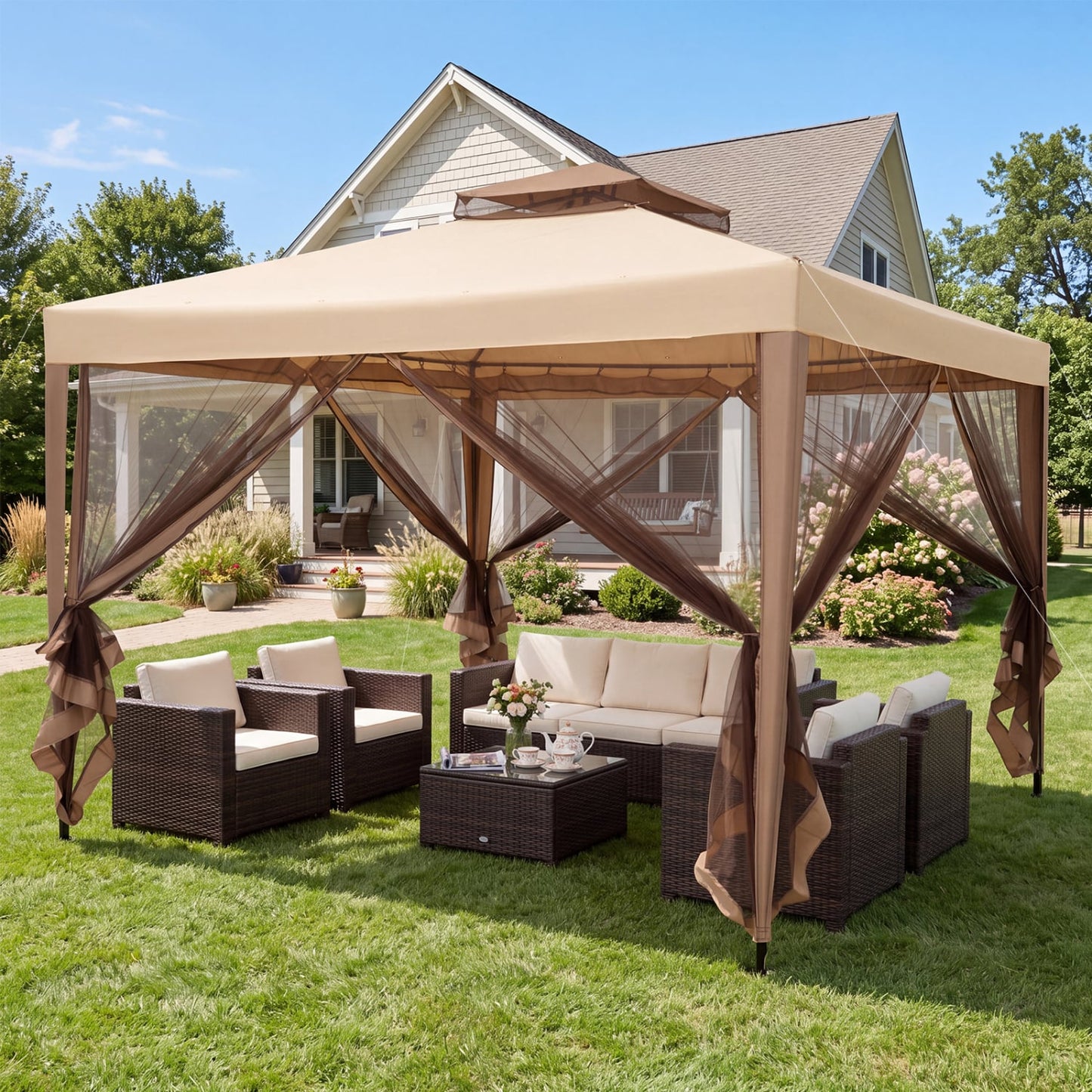 10x10 Ft Patio Canopy Gazebo with Netting, Yellow