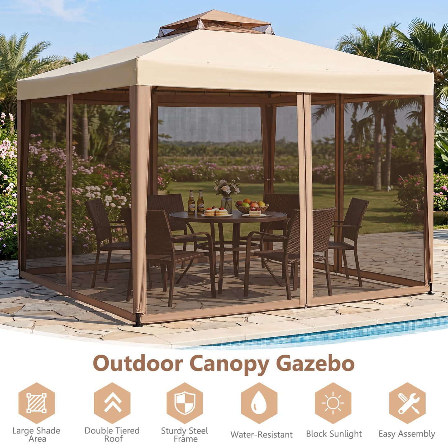 10x10 Ft Patio Canopy Gazebo with Netting, Yellow