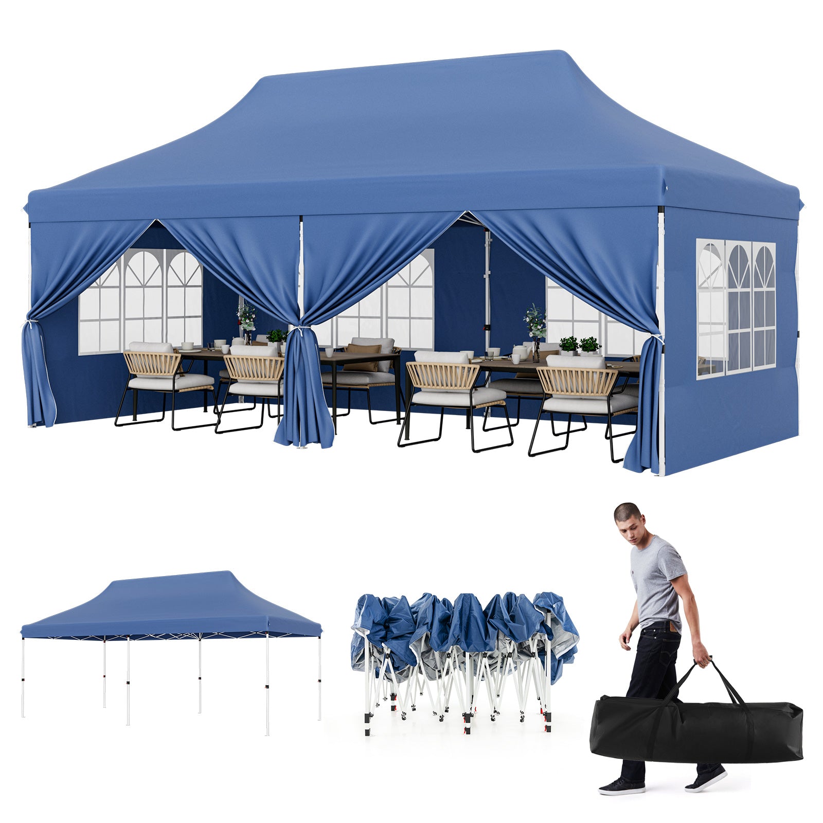 10 x 20 FT Pop Up Canopy With 6 Sidewalls, Windows, Carrying Bag, Blue Canopies at Gallery Canada