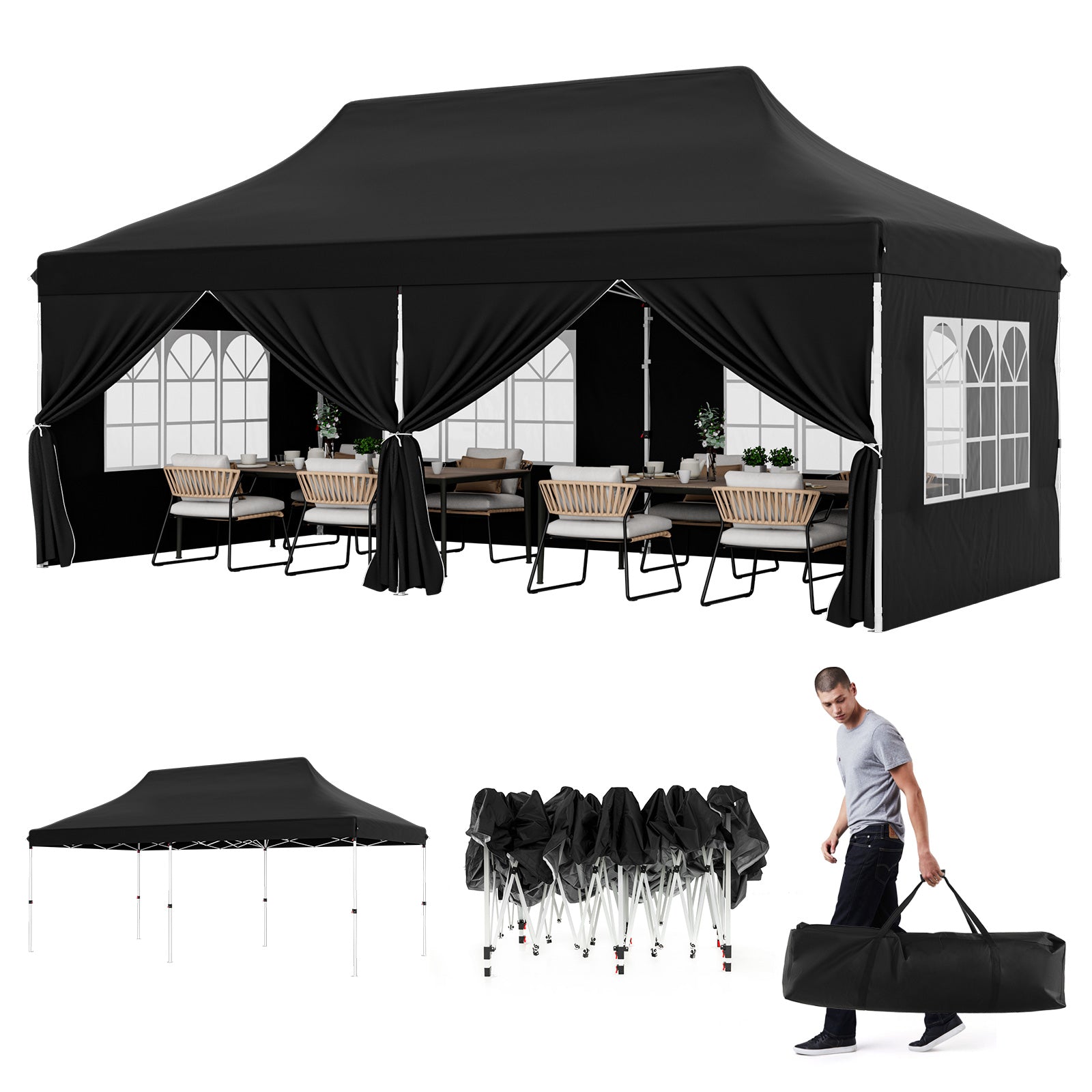 10 x 20 FT Pop Up Canopy, 6 Sidewalls With Windows, Carrying Bag, Black Canopies Black at Gallery Canada