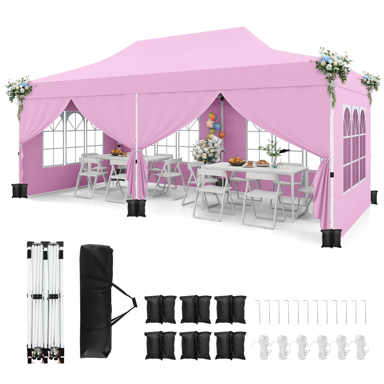 10 x 20 Feet Pop Up Canopy, 6 Sidewalls Windows, Carrying Bag, Pink Canopies at Gallery Canada