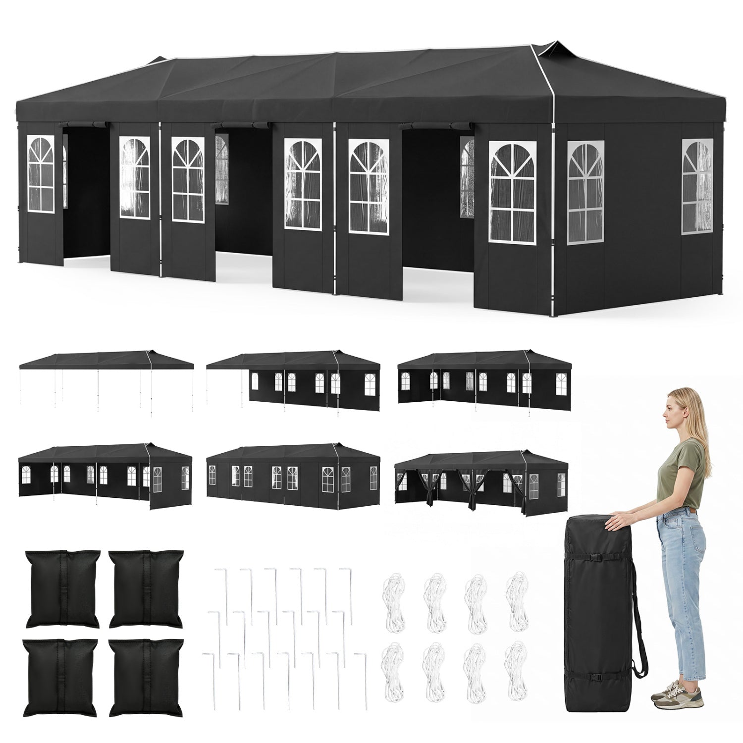 10 X 30 FT Pop Up Canopy Tent With 8 Sidewalls, Black Canopies Black at Gallery Canada