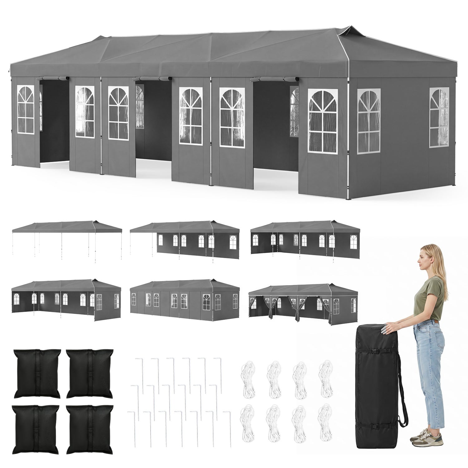 10 X 30 Ft Pop Up Canopy Tent with 8 Sidewalls, Gray Canopies Gray at Gallery Canada