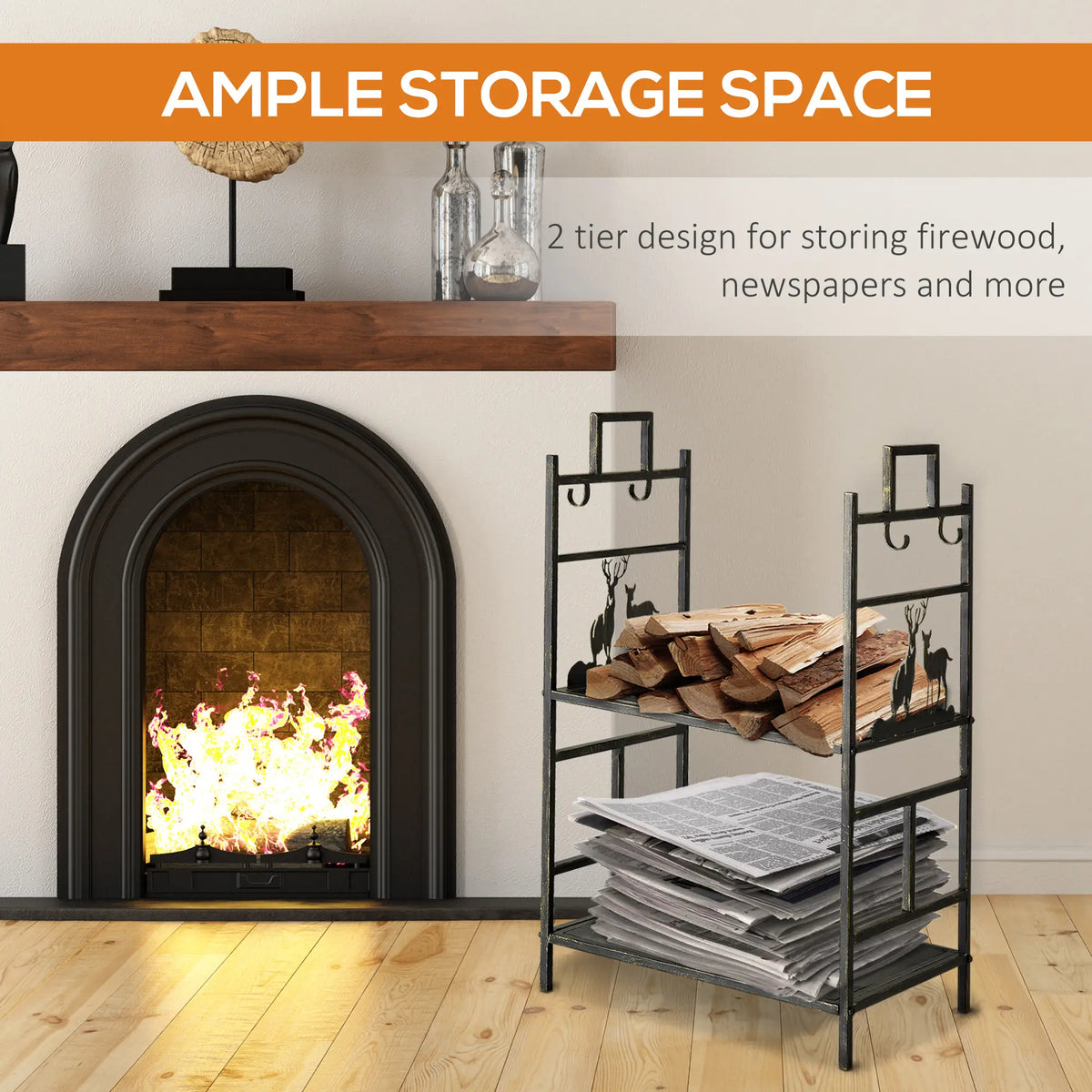 2-Layer Heavy Duty Firewood Rack, 4 Tools, Black and Gold Firewood Racks at Gallery Canada