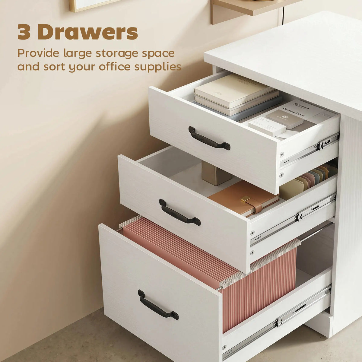 Computer Desk With 3 Drawers, 47", Adjustable Hanging Rails, White Writing Desks at Gallery Canada