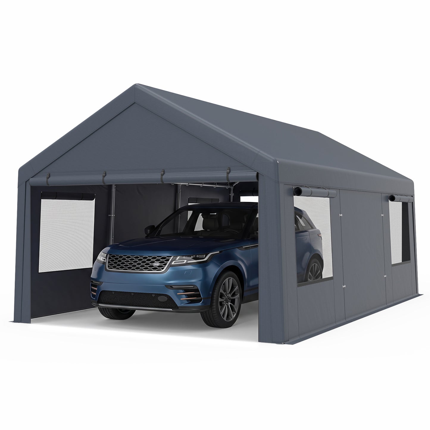 Garage portable 10x20 PI, 2 portes et 4 fenêtres en maille, gris